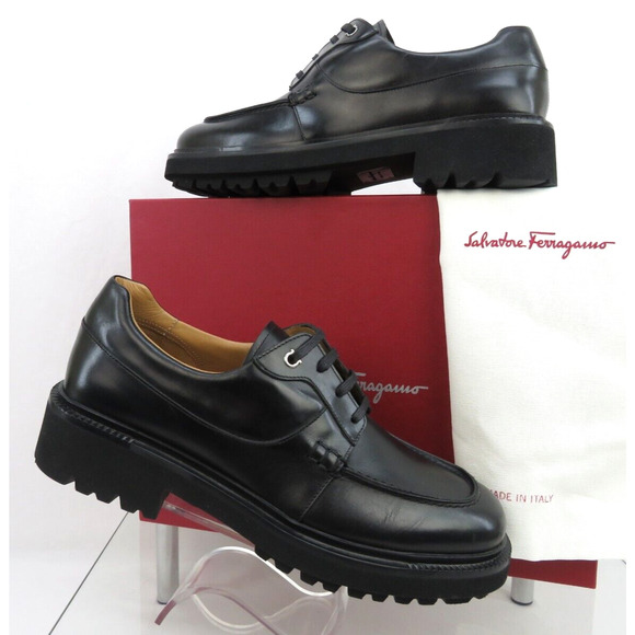 NIB FERRAGAMO GORIN BLACK LEATHER GANCINI LOGO PLATFORM DERBY OXFORDS 8.5 M main image 6